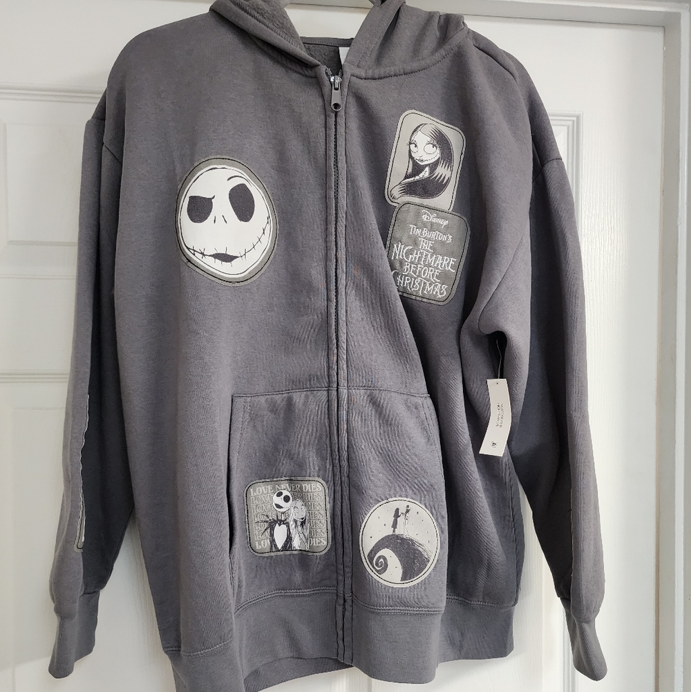 Disney Gray Hoodie Nightmare Before Christmas Patches Sz L NWT
